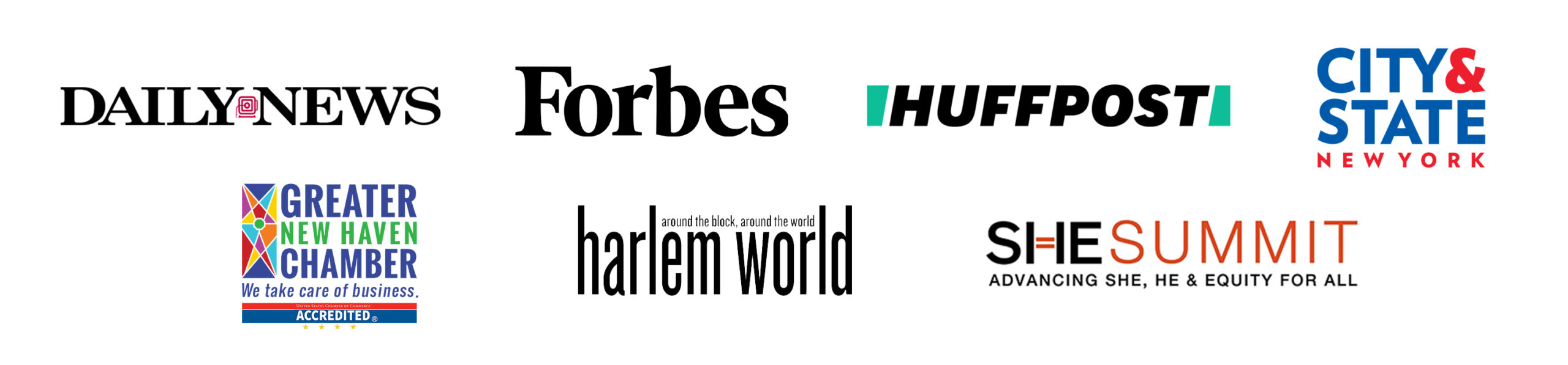 Press Logos: Daily News, Forbes, Huffpost, City & State New York